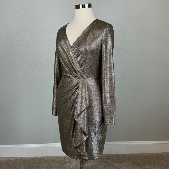Ralph Lauren Gold Metallic Long Sleeve Cocktail Dress Size 14 V-Neck Sheath - Picture 4 of 13